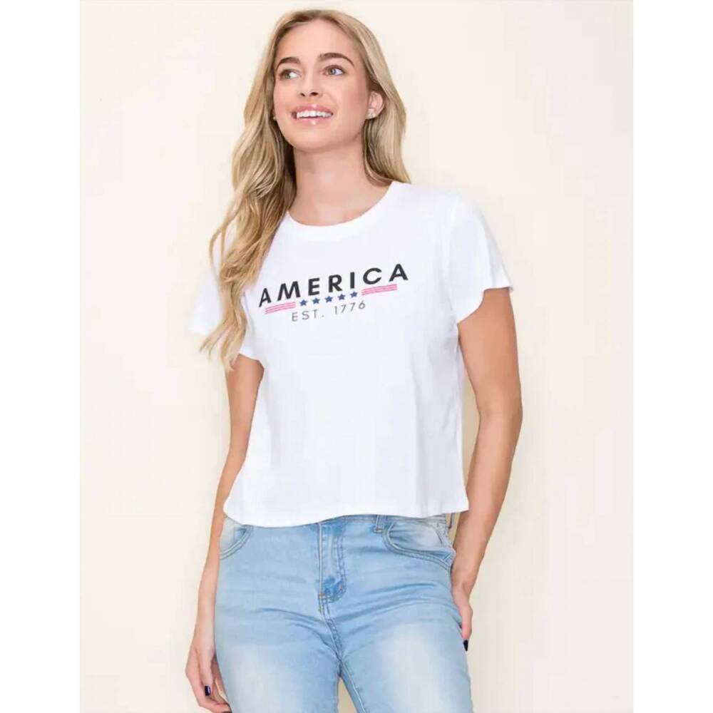 NEW TRES BIEN america est 1776 crop tee in white